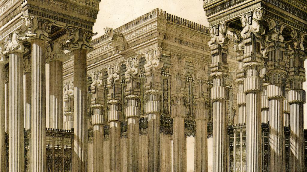 Persepolis. Hypostyle hall of Xerxes. Perspective view. Restoration by Ch. Chipiez. Ch. Chipiez del., J. Penel sc. in Histoire de l'art dans l'antiquité, tome V, Paris, Hachette, 1890, plate V