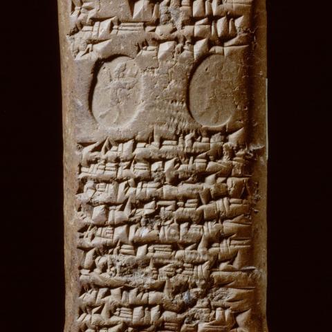 Cuneiform tablet: contract of sale, stamped by the seller, of a slave at 50 shekels of silver. Clay; Neo-Assyrian, 618 BC. (LB 851)