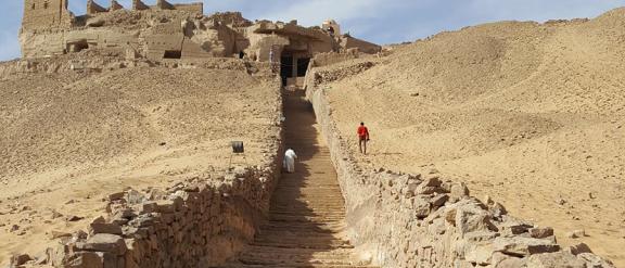 stairs leading up to rock tombs at Qubbet el-Hawa, Egypt (photo by Sid Skrabanja)