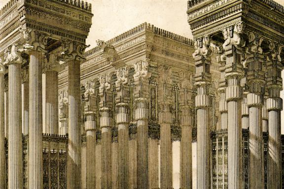 Persepolis. Hypostyle hall of Xerxes. Perspective view. Restoration by Ch. Chipiez. Ch. Chipiez del., J. Penel sc. in Histoire de l'art dans l'antiquité, tome V, Paris, Hachette, 1890, plate V