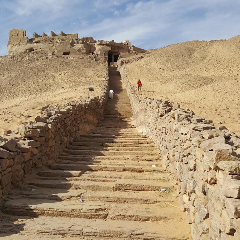 stairs leading up to rock tombs at Qubbet el-Hawa, Egypt (photo by Sid Skrabanja)
